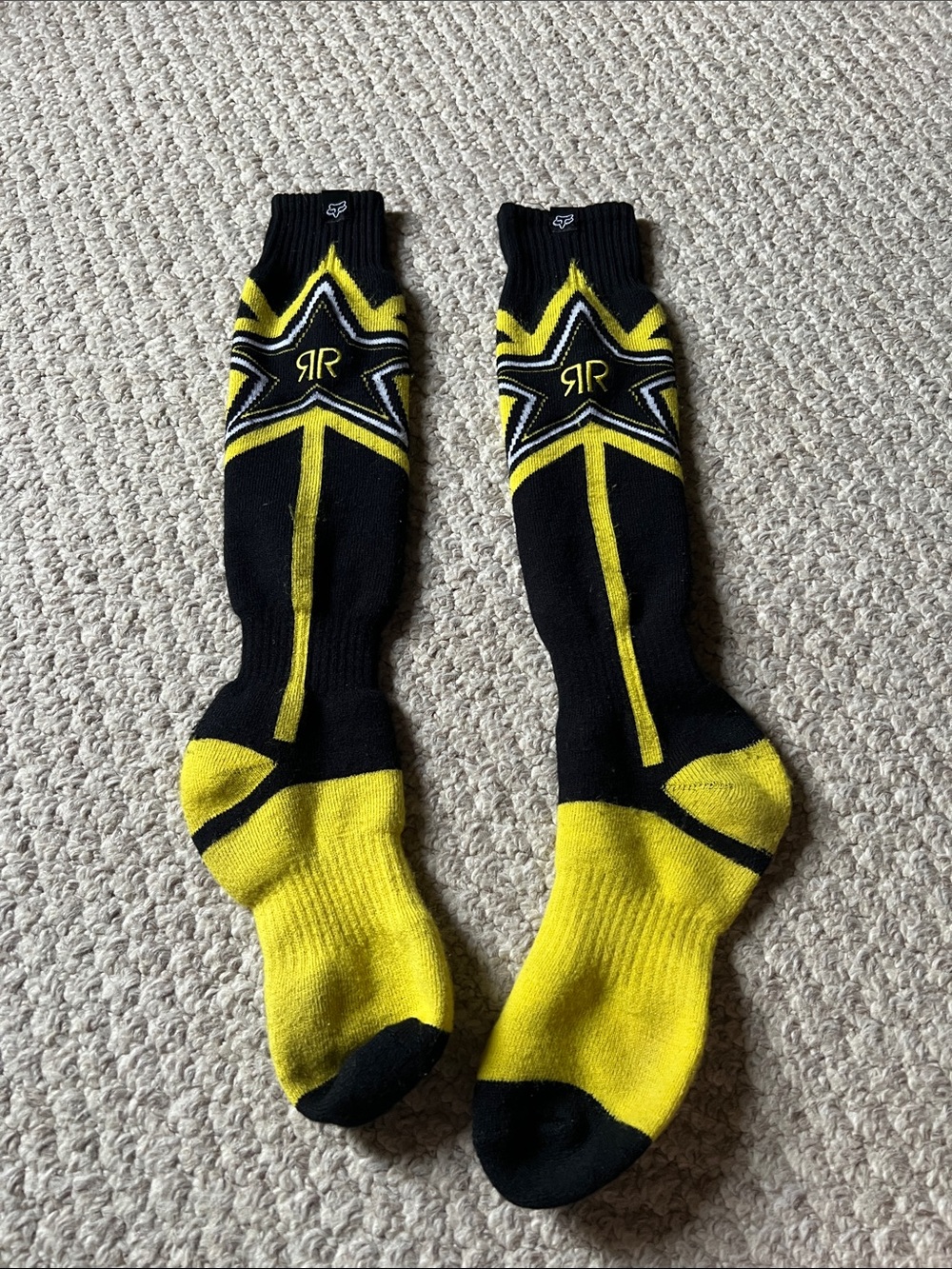 Fox racing rockstar knee-high, black and yellow motocross socks. Pre owned